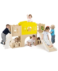 Gymax 7-in-1 Toddler Slide Set Wooden Castle-Shaped Entertainment Activity Center
