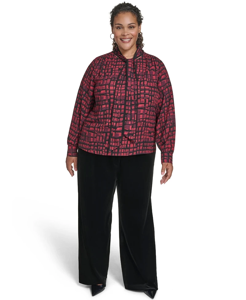 Calvin Klein Plus Printed Long Sleeves Tie Neck Top