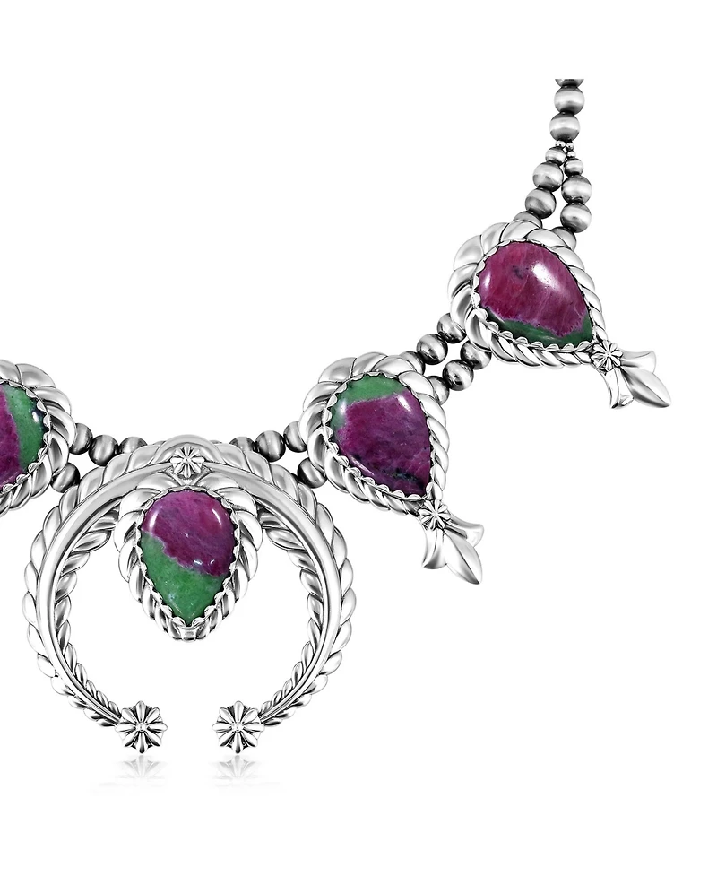American West Jewelry Sterling Silver Ruby Zoisite Pear-Cut Squash Blossom Necklace, 17 to 20 Inches