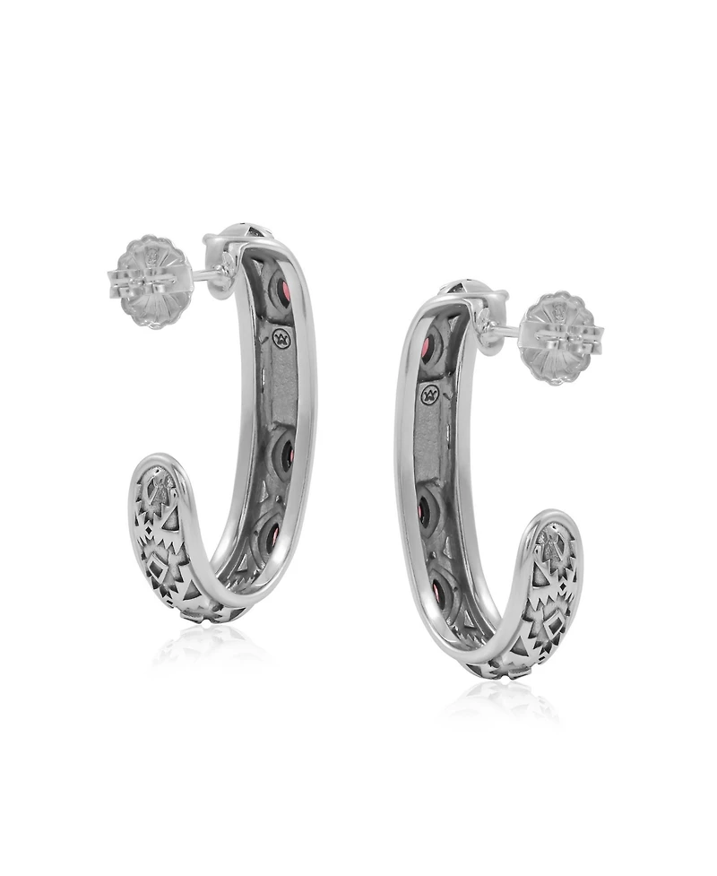 American West Jewelry Sterling Silver Rhodonite Patterned J-Hoop 1 Inch Earrings