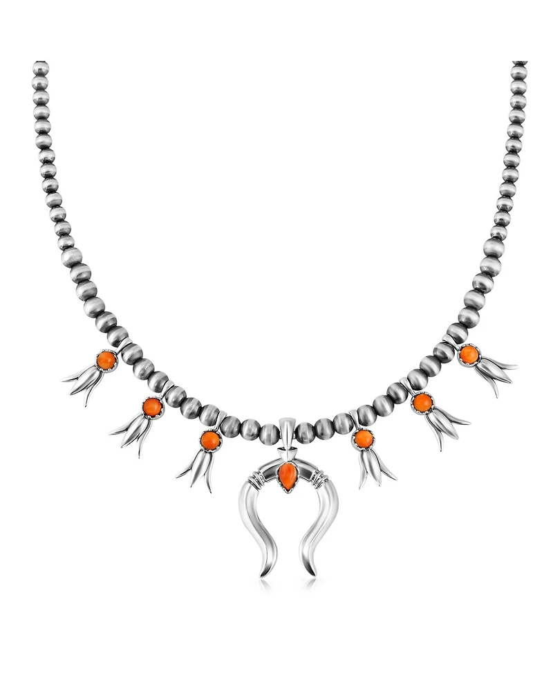 American West Jewelry Sterling Silver Orange Spiny Oyster Beaded Squash Blossom Necklace, 16 to 19 Inches