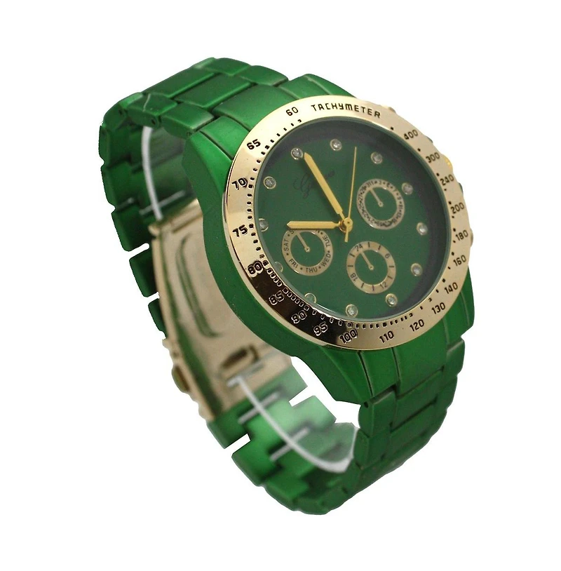 Green Solid Color Metal Three Dial Women Watch