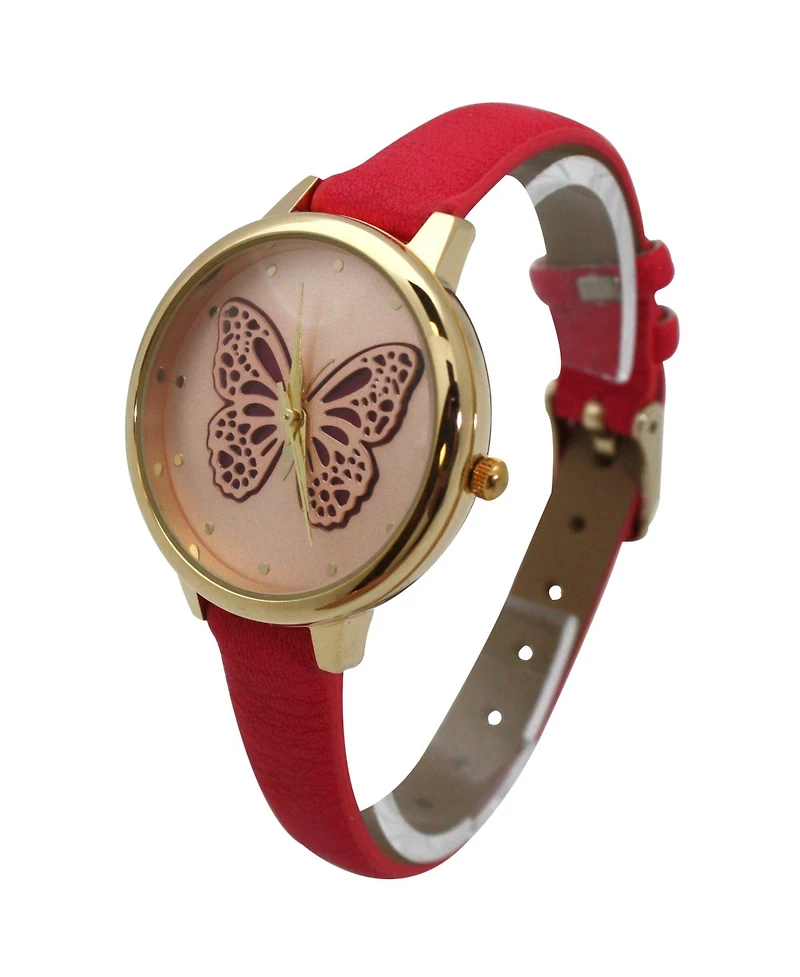 Olivia PrattHot Pink Thin Faux Leather Butterfly Face Women Watch