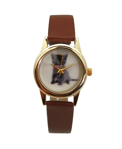 Olivia Pratt Brown Cat and Dog Face Faux Leather Band Women Watch