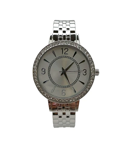 Olivia Pratt Silver Round Face Rhinestone Bezel Textured Bangle Women Watch