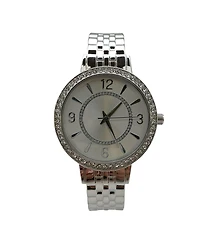 Olivia Pratt Silver Round Face Rhinestone Bezel Textured Bangle Women Watch