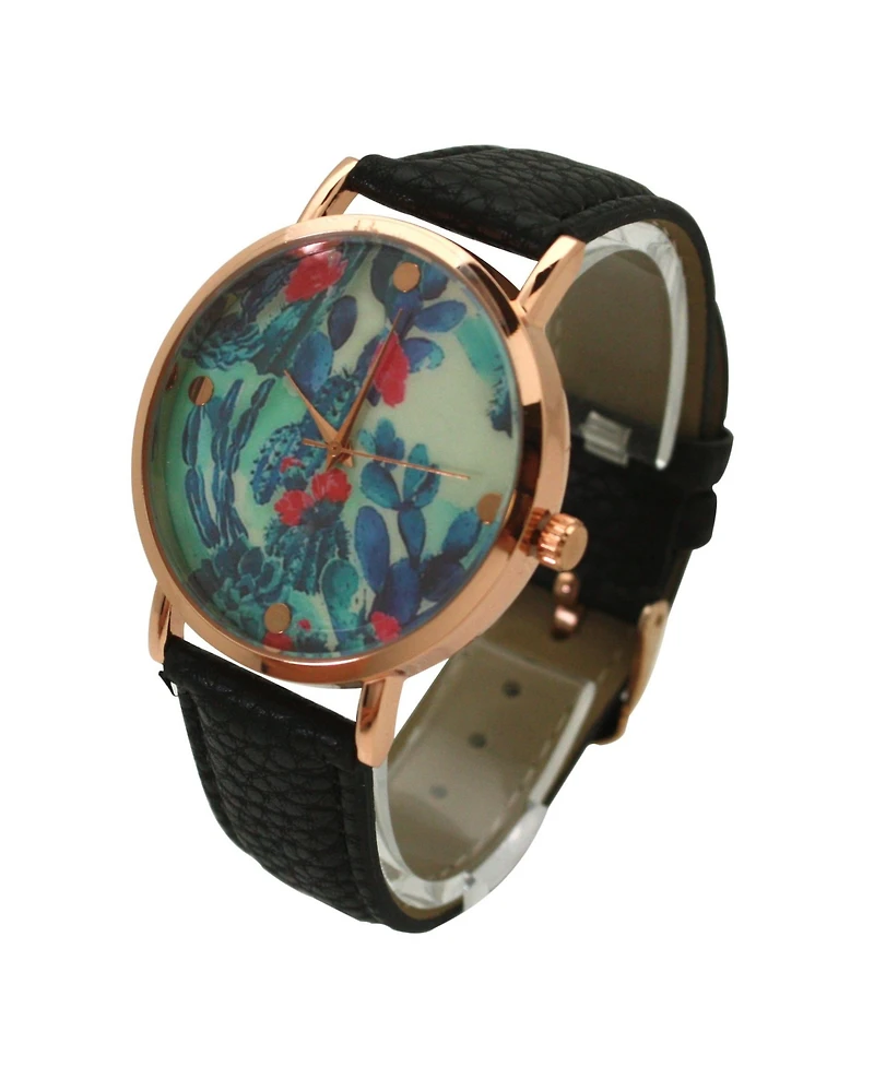 Olivia Pratt Black Colorful Cactus Dial Leather Strap Watch