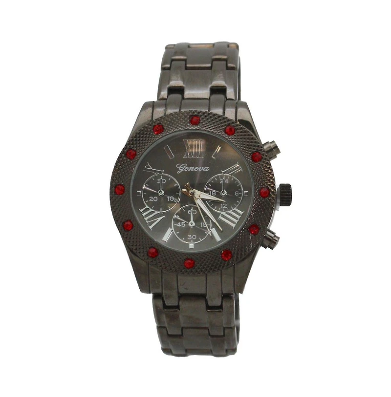 Olivia Pratt Gunmetal Women's Red Rhinestone Detail Boyfriend Metal Watch