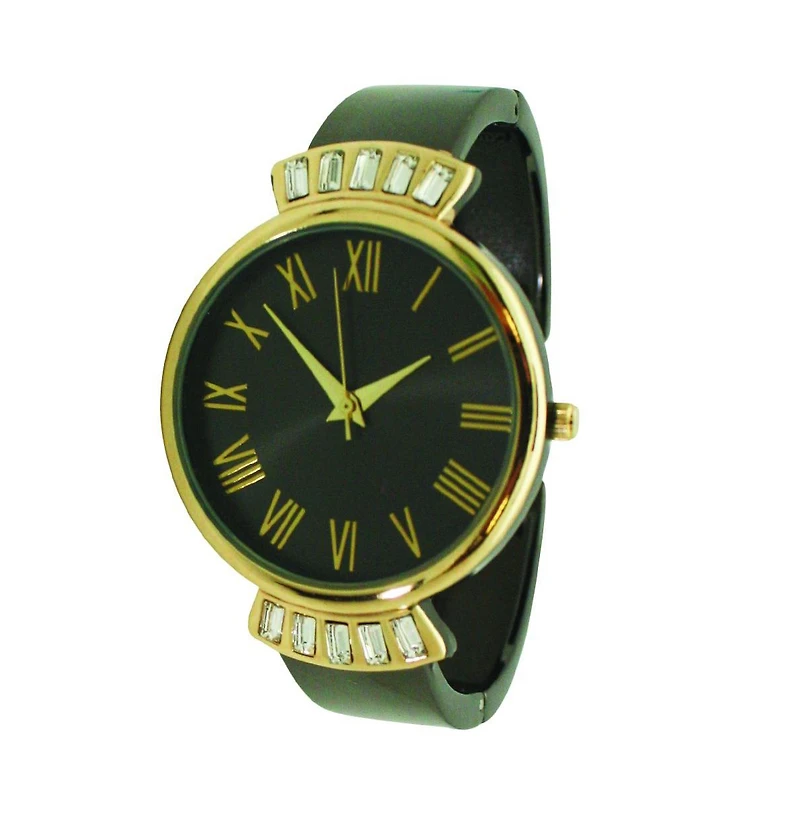 Gunmetal Gold Olivia Pratt Elegant Emerald Rhinestone Solid Metal Bangle Watch