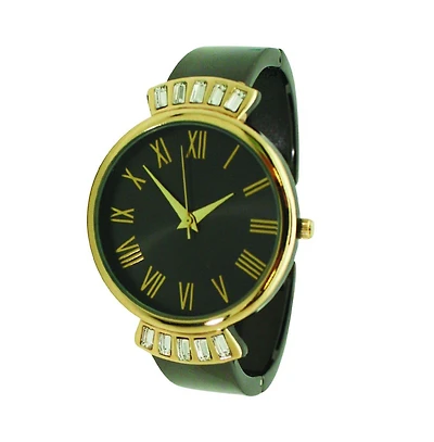 Gunmetal Gold Olivia Pratt Elegant Emerald Rhinestone Solid Metal Bangle Watch
