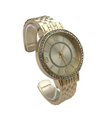 Olivia Pratt Gold Round Face Rhinestone Bezel Textured Bangle Women Watch
