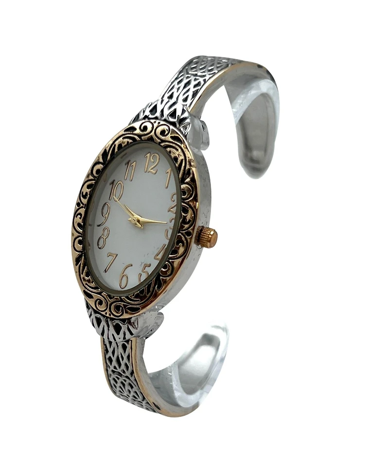 Olivia Pratt Two Tone Oval Face Elegant Textured Bangle Women Watch