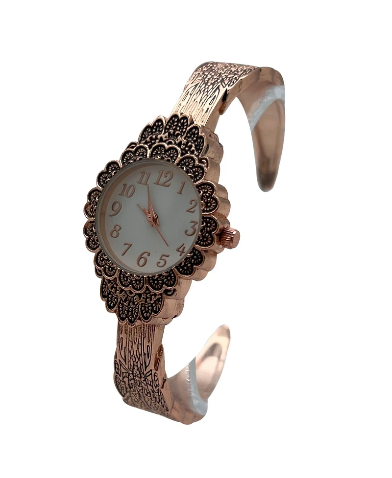 Olivia Pratt Rose Gold Elegant Flower Detailed Face Bangle Women Watch