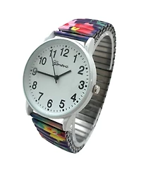 Olivia Pratt White Big Dial Easy Reader Watch Abstract Elastic Stretch Band Wristwatch Women Watch