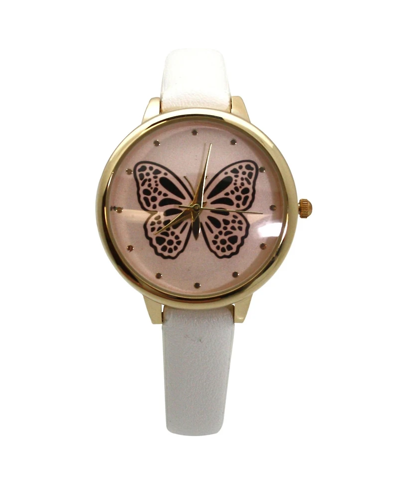 Olivia Pratt WhiteThin Faux Leather Butterfly Face Women Watch