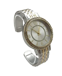 Olivia Pratt Two Tone Round Face Rhinestone Bezel Textured Bangle Women Watch