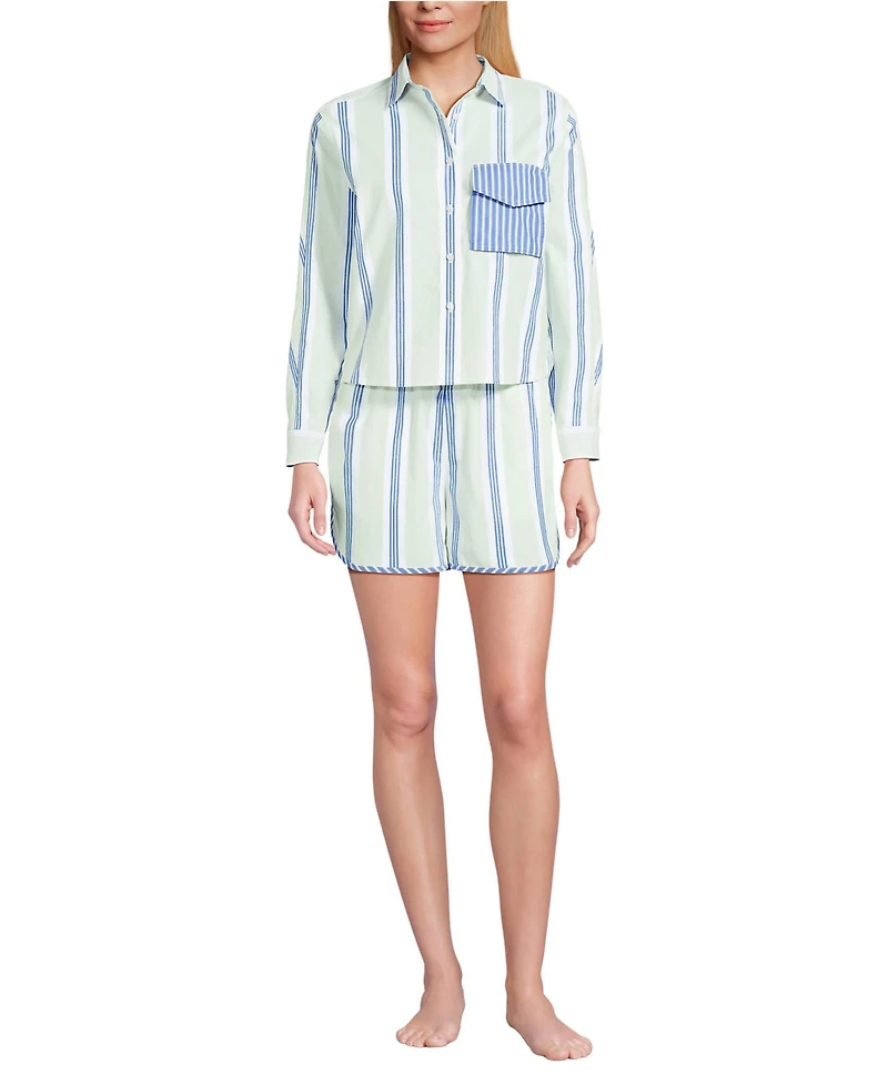 Lands' End Women's Cotton Poplin 2 Piece Pajama Set - Long Sleeve Top and Shorts with Piping