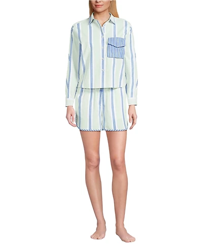 Lands' End Women's Cotton Poplin 2 Piece Pajama Set - Long Sleeve Top and Shorts with Piping