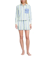 Lands' End Women's Cotton Poplin 2 Piece Pajama Set - Long Sleeve Top and Shorts with Piping