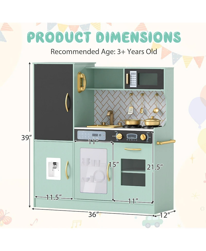 Gymax Play Kitchen Toy Set w/ Chalkboard Oven Sink Curtain Microwave Water Dispenser