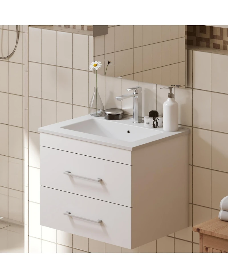 Streamdale 24" White Gloss Wall-Mount Vanity, Double Drawer, Ceramic Sink