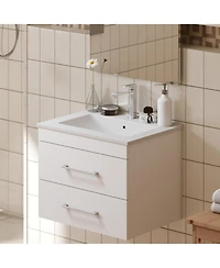 Streamdale 24" White Gloss Wall-Mount Vanity, Double Drawer, Ceramic Sink