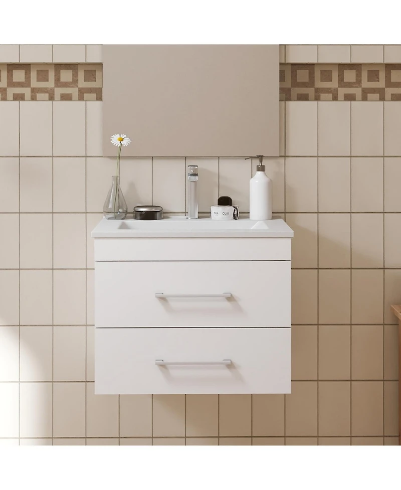 Streamdale 24" White Gloss Wall-Mount Vanity, Double Drawer, Ceramic Sink