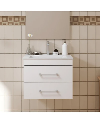 Streamdale 24" White Gloss Wall-Mount Vanity, Double Drawer, Ceramic Sink