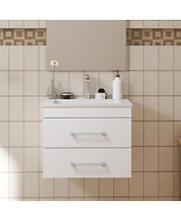 Streamdale 24" White Gloss Wall-Mount Vanity, Double Drawer, Ceramic Sink