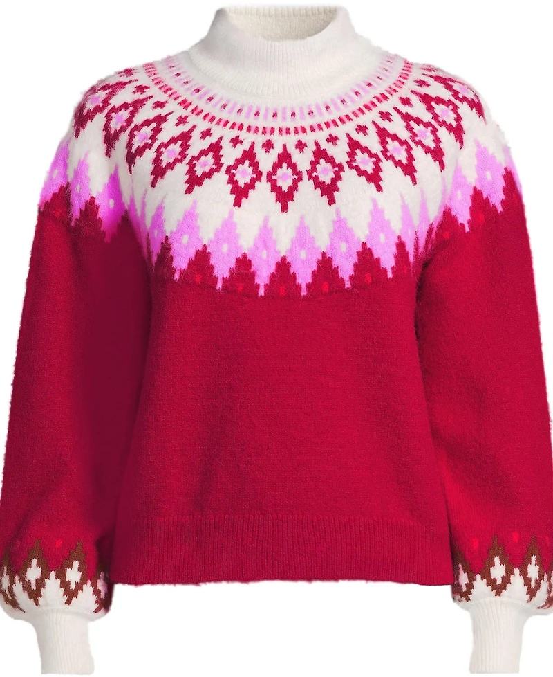 Lands' End Women's Fuzzy Turtleneck Lantern Sleeve Jacquard Sweater