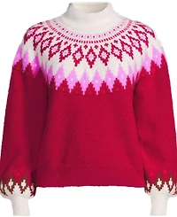 Lands' End Women's Fuzzy Turtleneck Lantern Sleeve Jacquard Sweater