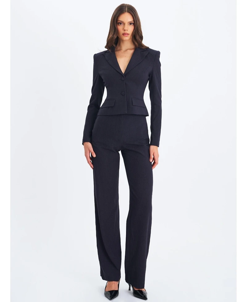 Miss Circle Women's Quinne Navy Striped Single-Breasted Peplum Blazer