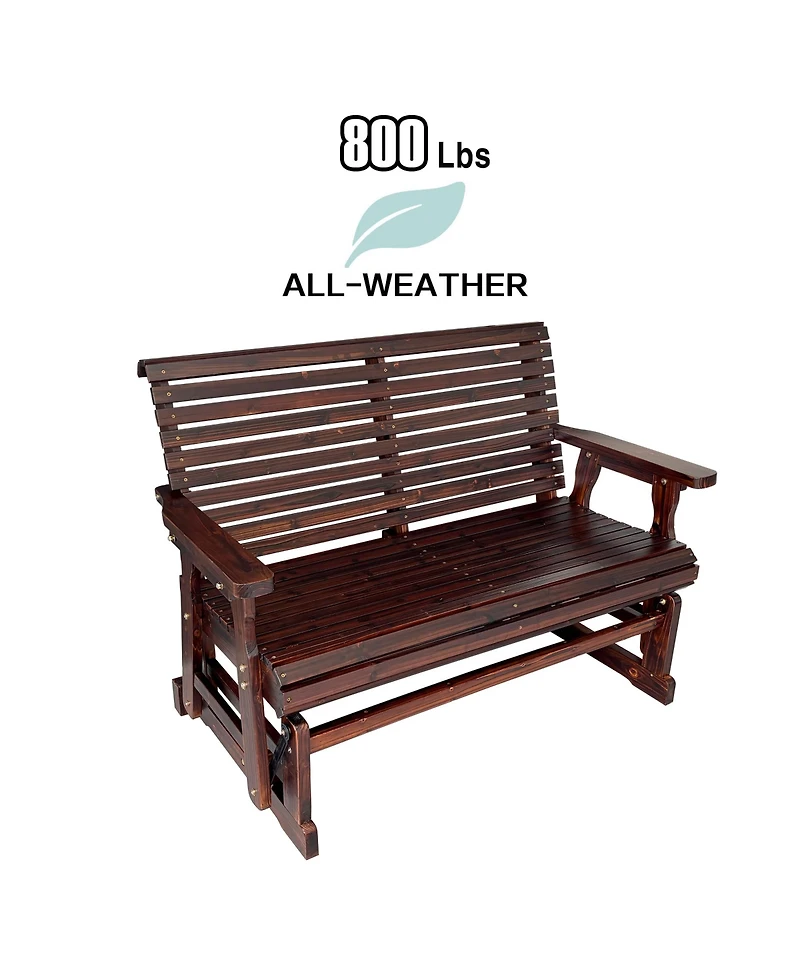 Mega Casa Wooden Patio Glider with High Roll Back and Deep Contoured Seat, Solid Fir Wood, 2-Seater, Heavy Duty 800 Lbs, 4 Feet (Deep Brown)