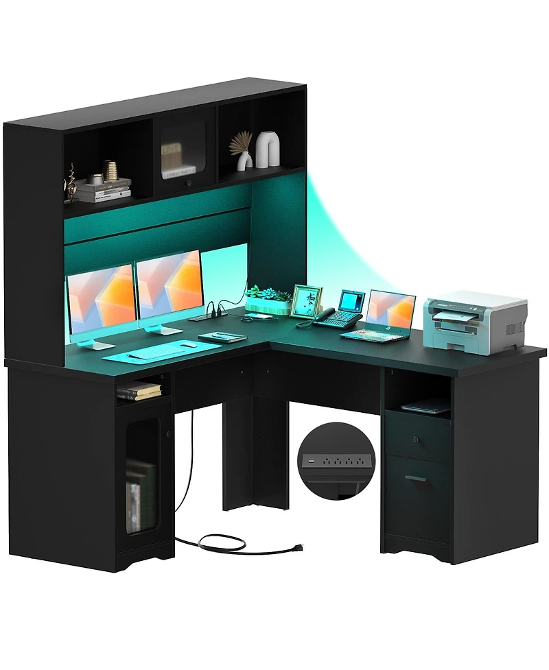 L Shaped Desk with Hutch, Corner Workstation Charge Station and File Cabinet