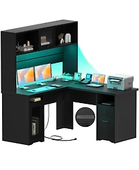 L Shaped Desk with Hutch, Corner Workstation Charge Station and File Cabinet