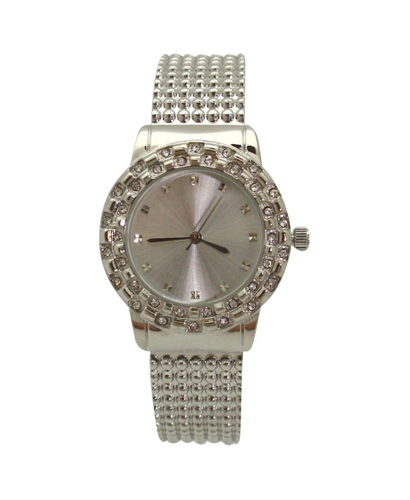 Silver Thick Bangle Watch With Rhinestone Details