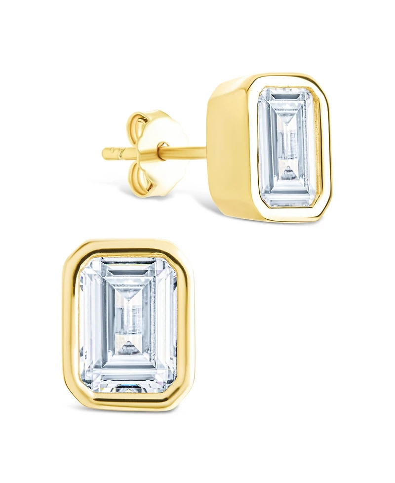 Sterling Forever Silver Emerald Cut Bezel Set Stud Earrings