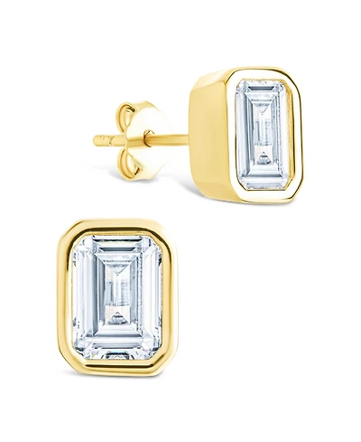 Sterling Forever Silver Emerald Cut Bezel Set Stud Earrings