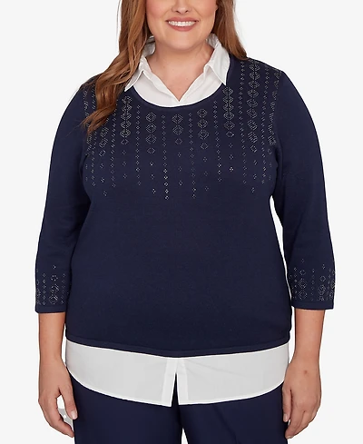 Alfred Dunner Plus Saratoga Springs Metallic Studded Textured Two One Sweater