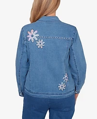 Alfred Dunner Plus Hilton Head Floral Applique Detail Light Denim Jacket