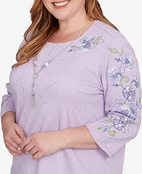 Alfred Dunner Plus Hilton Head Embroidered Sleeve Textured Top with Necklace