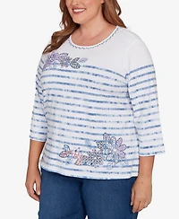 Alfred Dunner Plus Hilton Head Applique Flower Tie Dye Stripe Knit Top