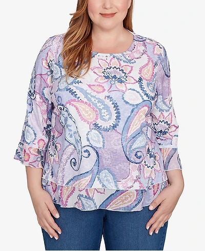 Alfred Dunner Plus Hilton Head Paisley Print Layered Hem Knit Top