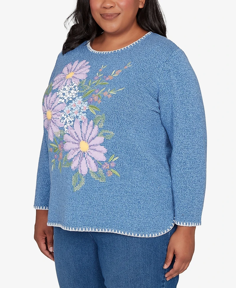 Alfred Dunner Plus Hilton Head Cross Stitched Floral Pullover Sweater
