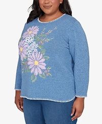 Alfred Dunner Plus Hilton Head Cross Stitched Floral Pullover Sweater