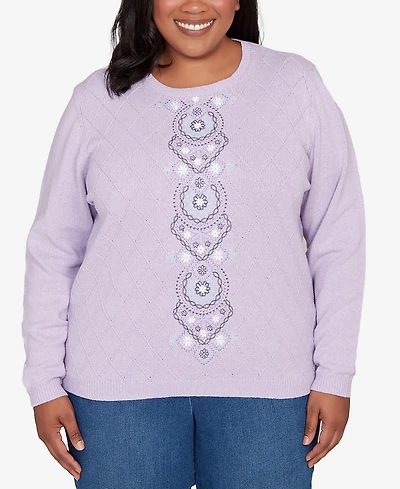 Alfred Dunner Plus Hilton Head Center Embroidery Accent Sweater