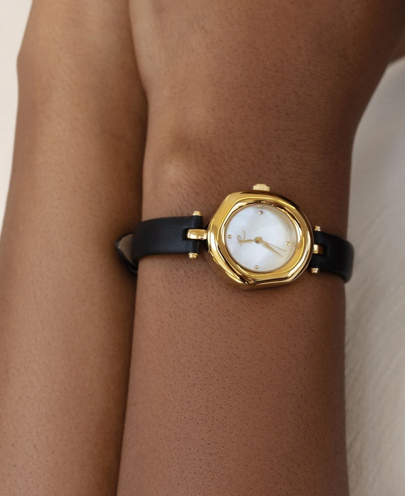 Ettika Open Circle Gold Plated Black Leather Watch, 70-110mm