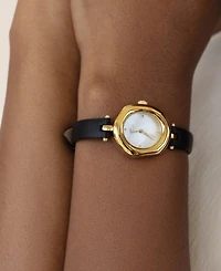 Ettika Open Circle Gold Plated Black Leather Watch, 70-110mm