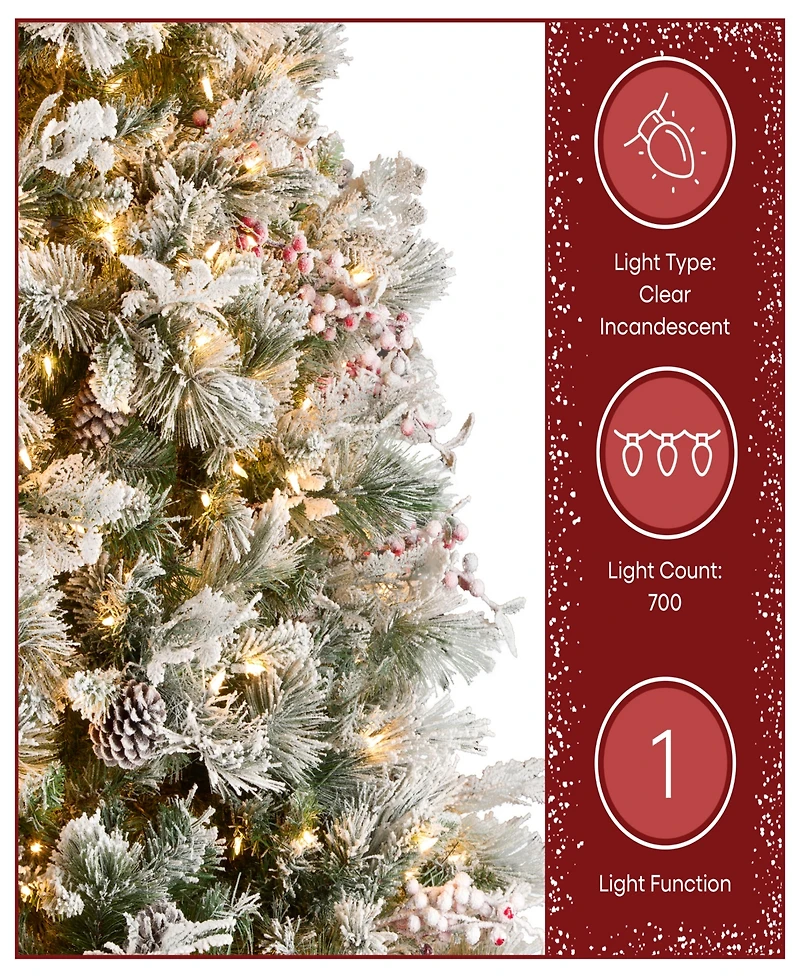 National Tree Company 7.5' Snowy Bedford Pine Tree with Red Berries, Cedar Leaves, Mixed Cones 700 Clear Lights