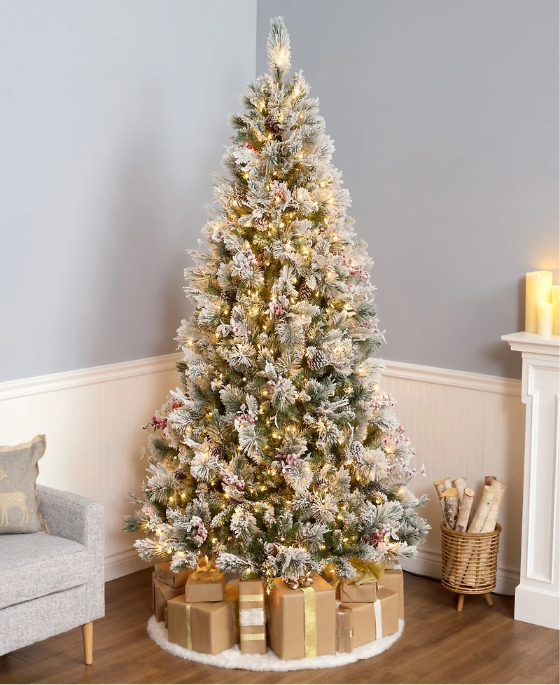 National Tree Company 7.5' Snowy Bedford Pine Tree with Red Berries, Cedar Leaves, Mixed Cones 700 Clear Lights